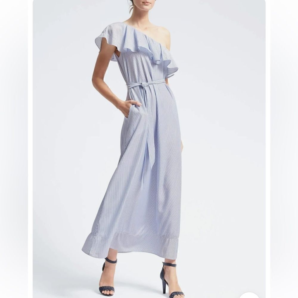 Banana Republic Stripe One-Shoulder Maxi Dress,White/Blue Size Small